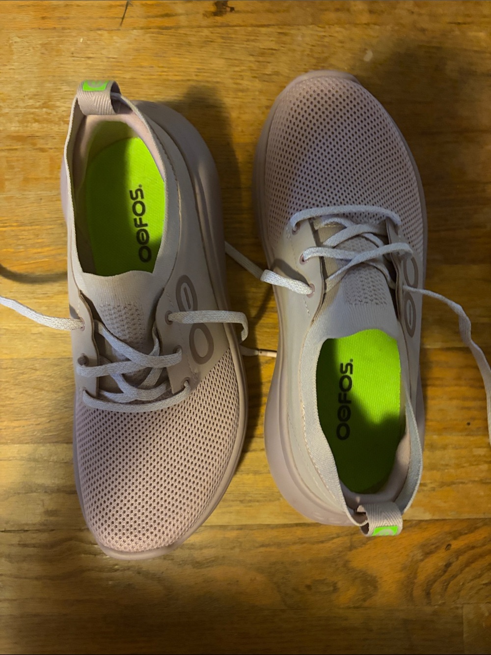 OOFOS Women’s Lace-Up Athletic Sneakers — Light Mauve with Neon Green Insole